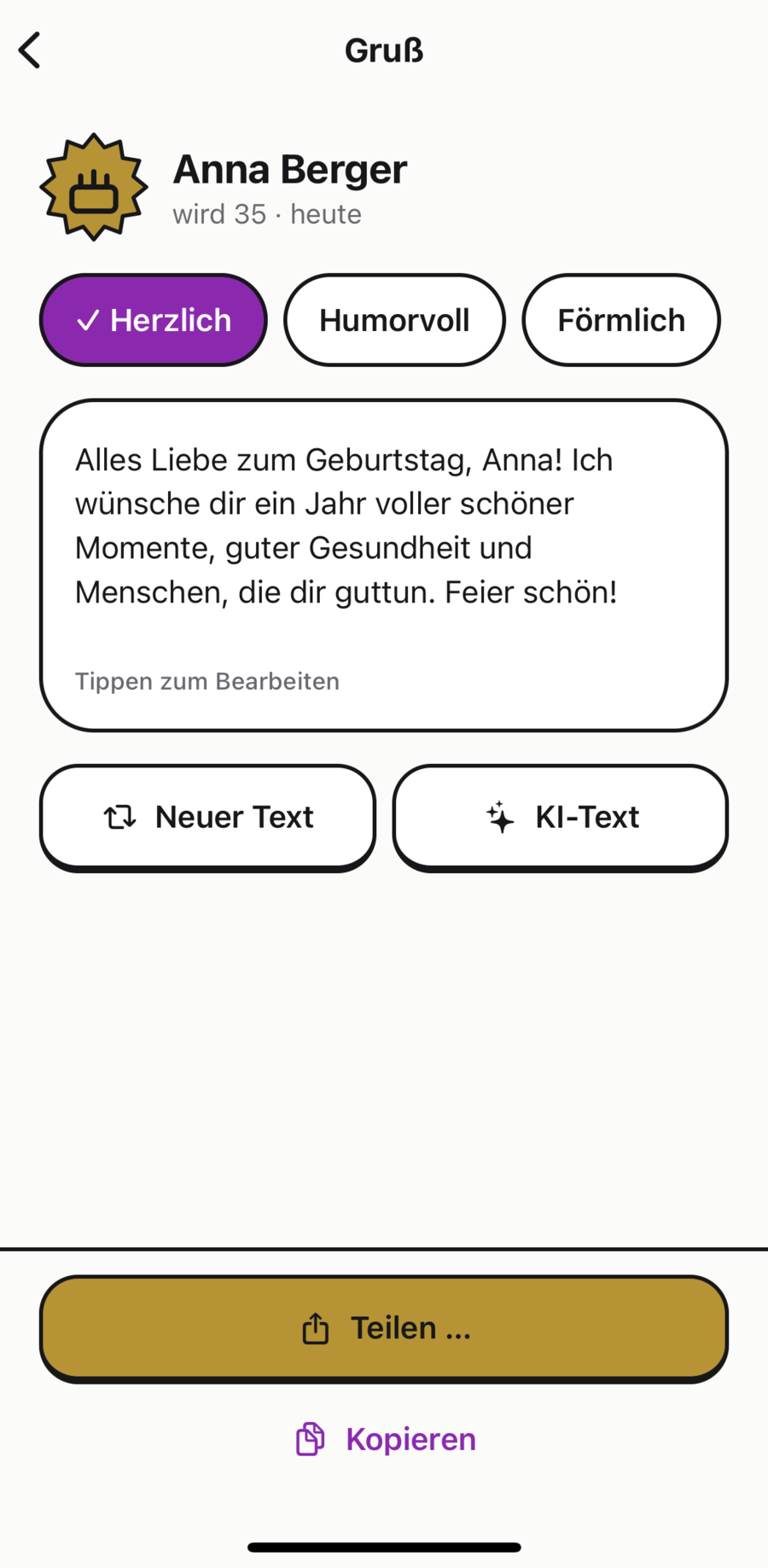 Gruß-Bildschirm für Anna Berger mit den Tönen Herzlich, Humorvoll und Förmlich und einem fertigen Geburtstagstext.