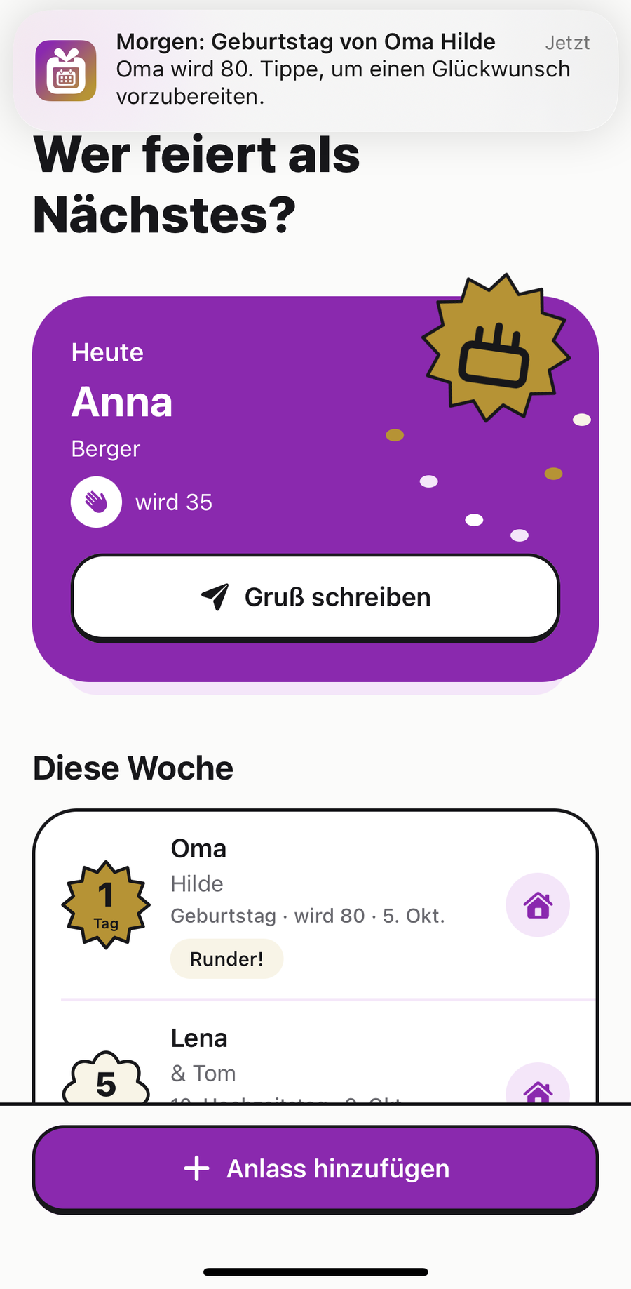Byrthday-Startseite mit der Mitteilung „Morgen: Geburtstag von Oma Hilde – Oma wird 80. Tippe, um einen Glückwunsch vorzubereiten.“ Darunter die Karte „Heute: Anna Berger, wird 35“ mit dem Knopf „Gruß schreiben“.