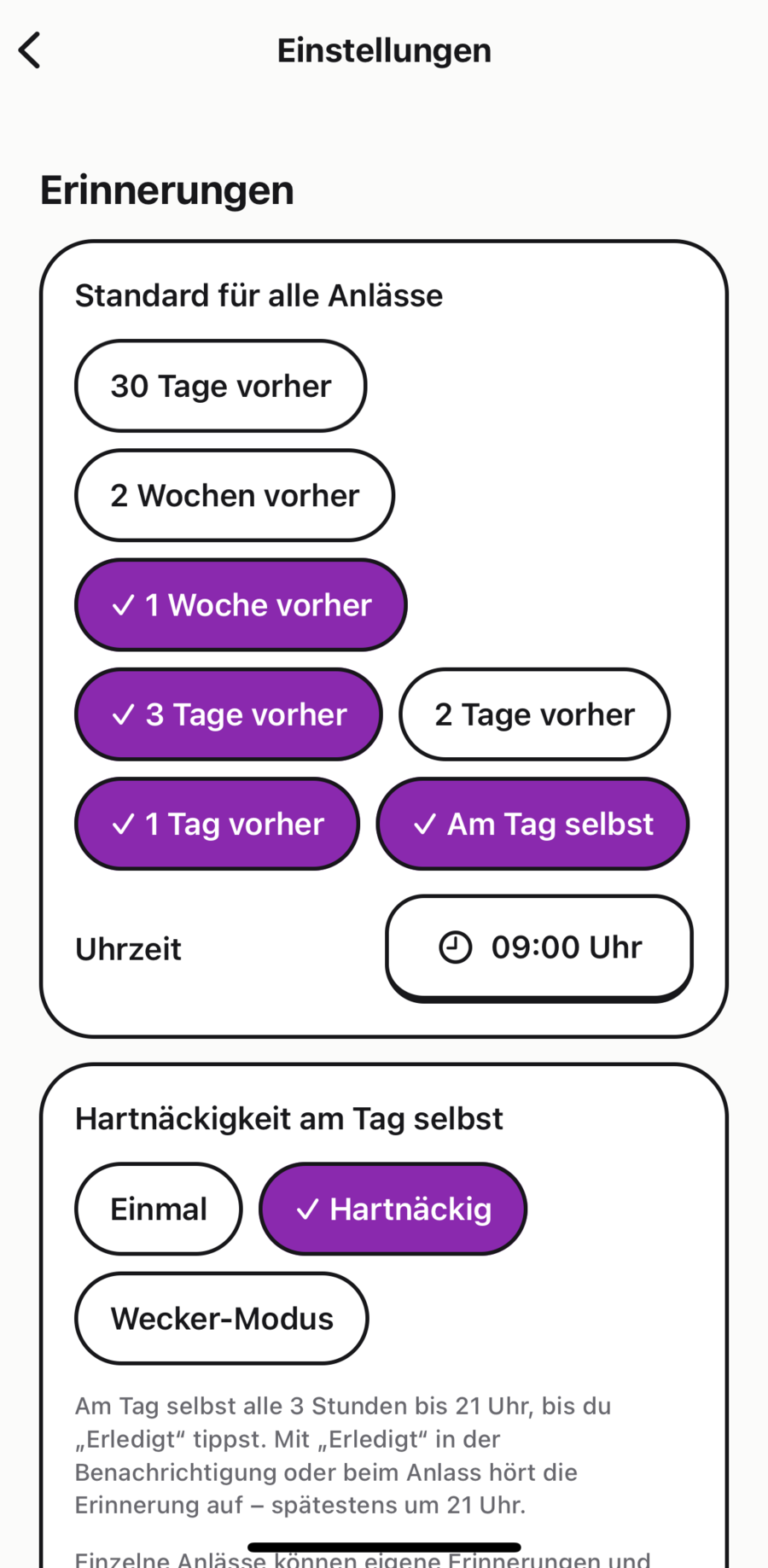 Einstellungen: Erinnerungen eine Woche, drei Tage und einen Tag vorher sowie am Tag selbst um 9 Uhr. Hartnäckigkeit am Tag selbst: Einmal, Hartnäckig (gewählt) oder Wecker-Modus.