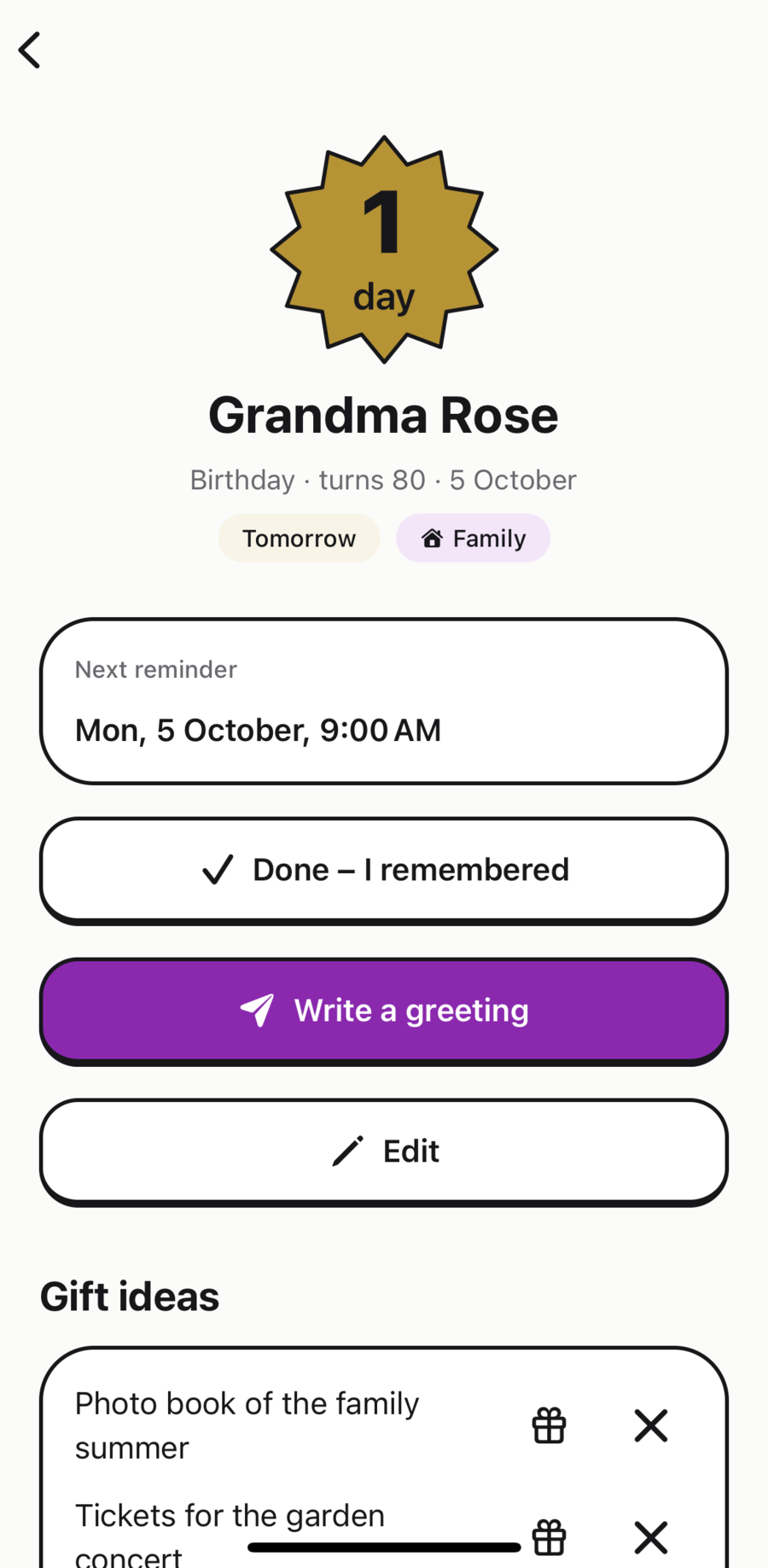 Occasion Grandma Rose, birthday, turns 80, tomorrow. Next reminder Monday, 5 October, 9:00 AM, with the buttons “Done – I remembered”, “Write a greeting” and “Edit”, followed by the gift ideas.