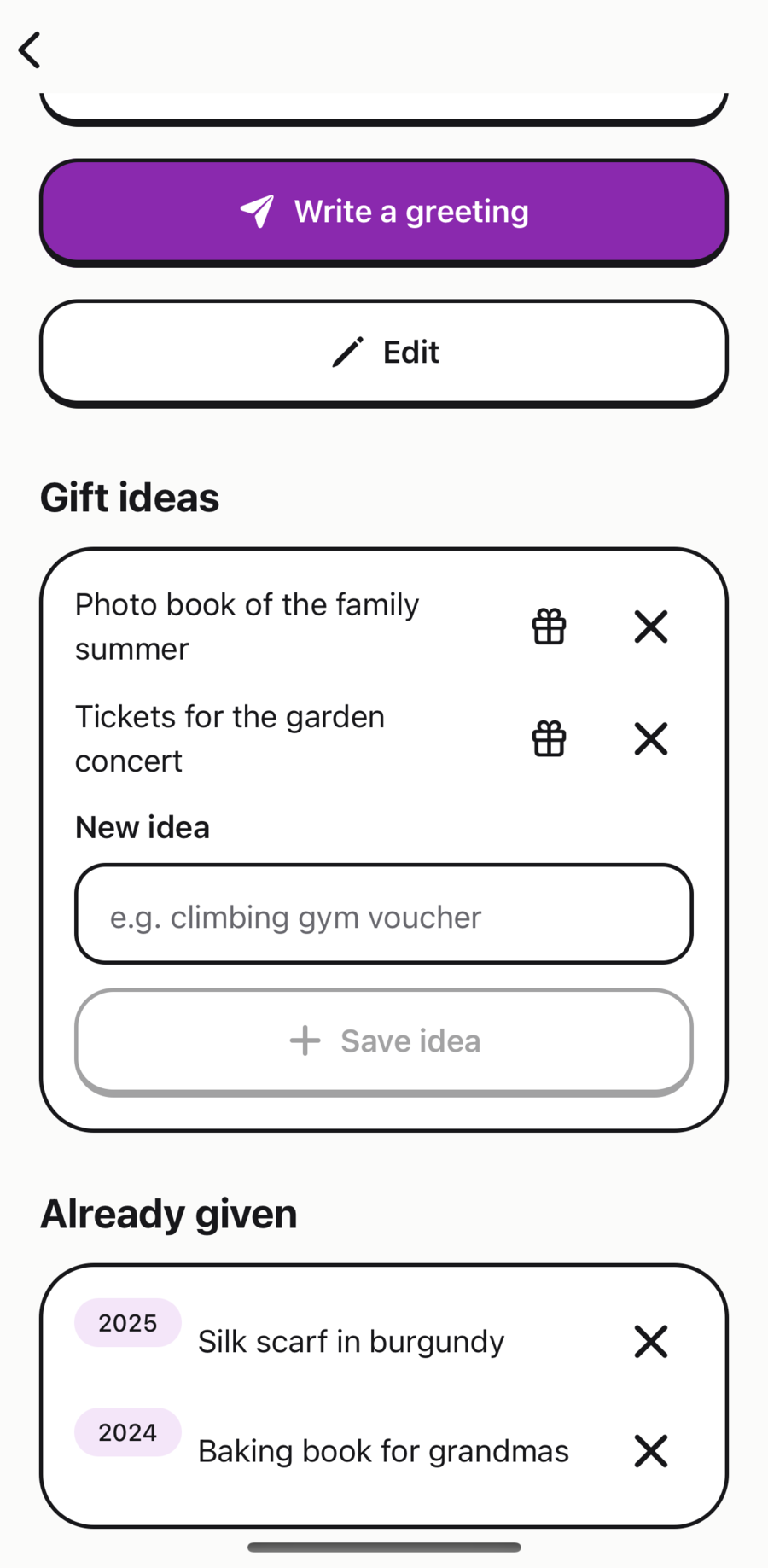 Occasion Grandma Rose with the gift ideas “Photo book of the family summer” and “Tickets for the garden concert”, below it “Already given”: 2025 Silk scarf in burgundy, 2024 Baking book for grandmas.