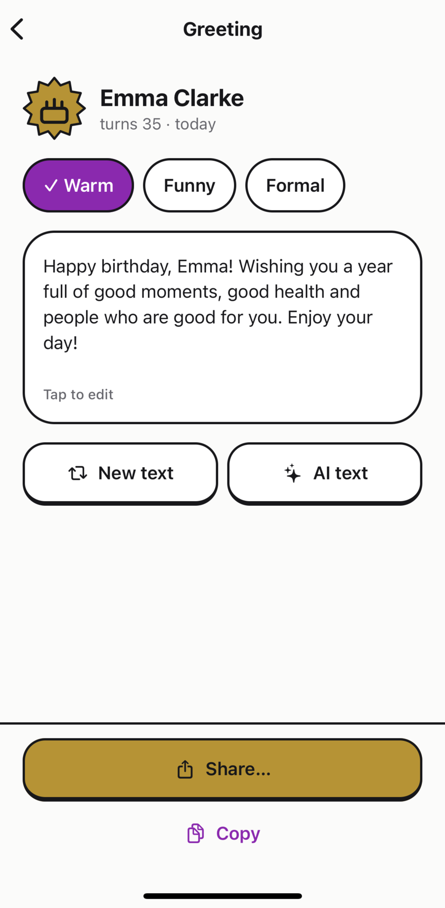Greeting screen for Emma Clarke with the tones Warm, Funny and Formal and a ready-made birthday text.