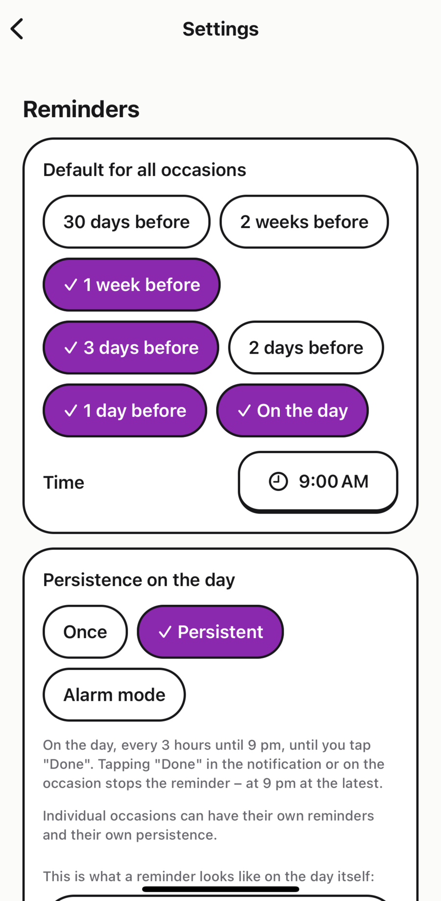 Settings: reminders one week, three days and one day before and on the day at 9:00 AM. Persistence on the day: Once, Persistent (selected) or Alarm mode.